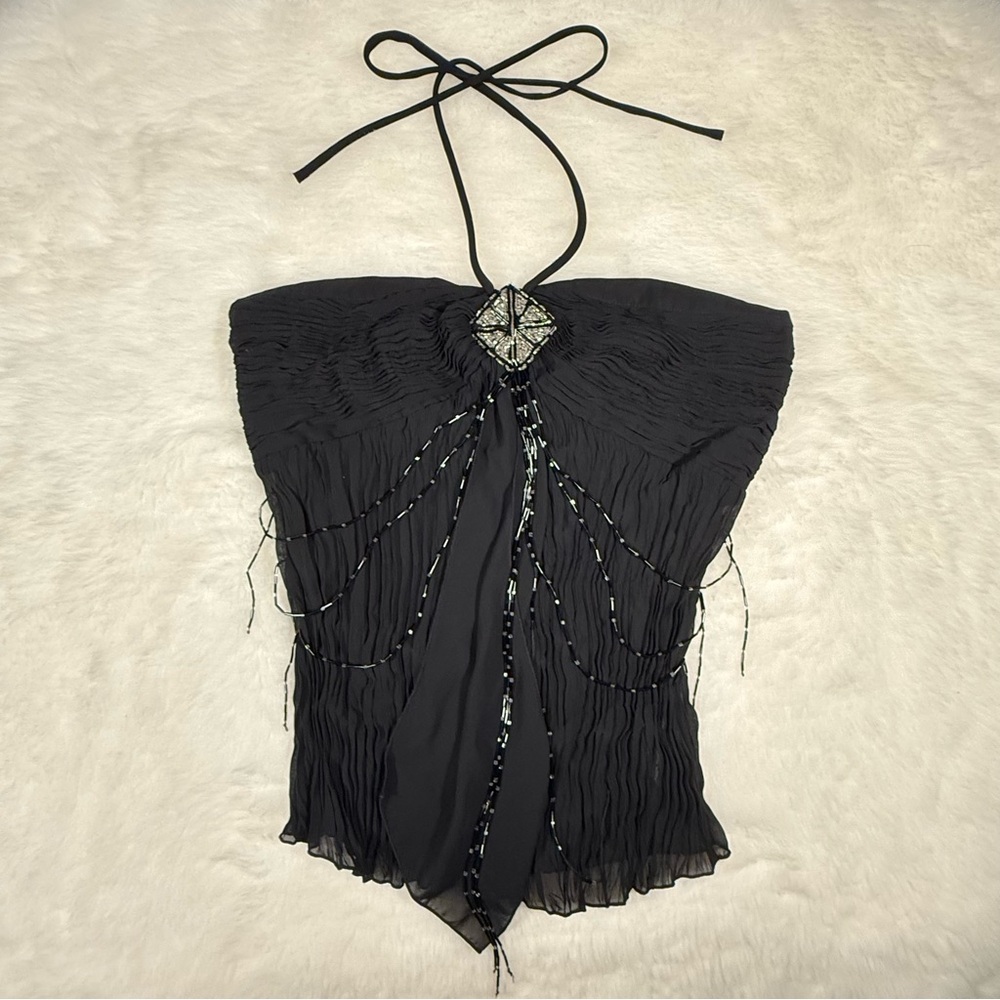 Kaelyn-Max Black Beaded Halter Top, Chiffon Layered Top, Size Medium - Picture 1 of 16
